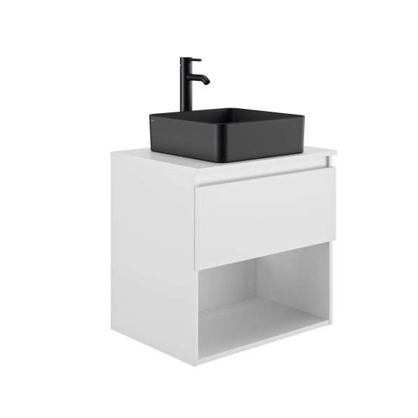 Mueble suspendido de un cajon con encimera. Lavabo Hera Square de gala en blanco brillo o negro mate, Medidas disponibles 60,80 y 100 cm. Colores blanco brillo y roble rustico