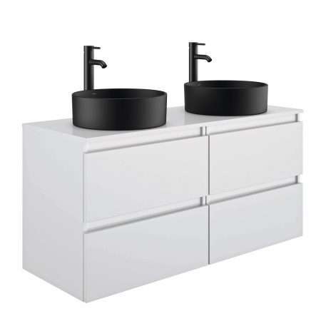 Mueble suspendido de 120 cm encimera doble lavabo modelo Hera round en blanco mate y negro mate. Colores blanco brillo y roble rustico