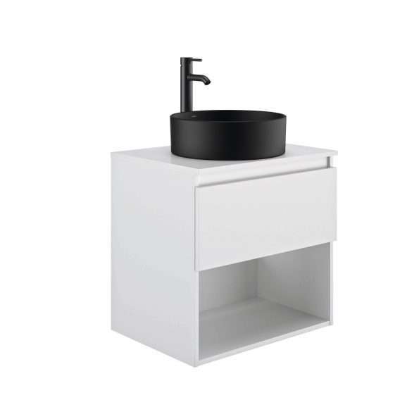 Mueble suspendido encimera con un cajón. Disponible con lavabo modelo Hera de Gala en blanco o negro mate. En medidas de 60,80 y 100 cm, y colores blanco brillo y roble rústico